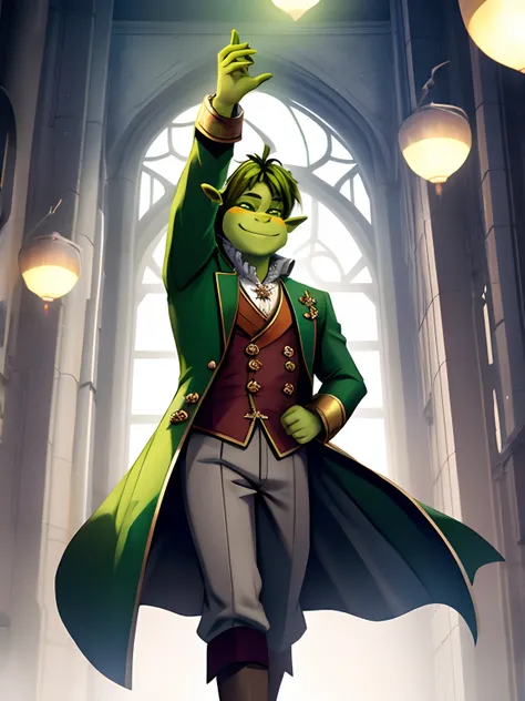 Shrek with prince clothes, human form, hyperdetailled