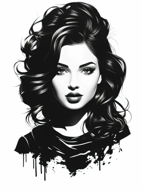 um desenho preto e branco de uma mulher com cabelo comprido, arte vetorial em preto e branco, arte vetorial altamente detalhada, Arte vetorial HD, air brush illustration, desenho de estilo vetorial, arte em preto e branco, estilo de arte vetorial, extremel...