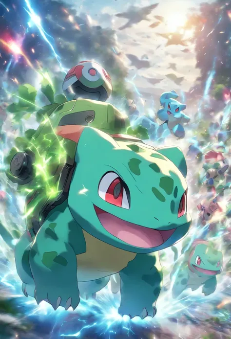 Pokémon Bulbasaur on the battlefield ，Bulbasaur has a headset, A mais alta qualidade de imagem，cinematic texture，uma obra-prima，tmasterpiece, wallpaper