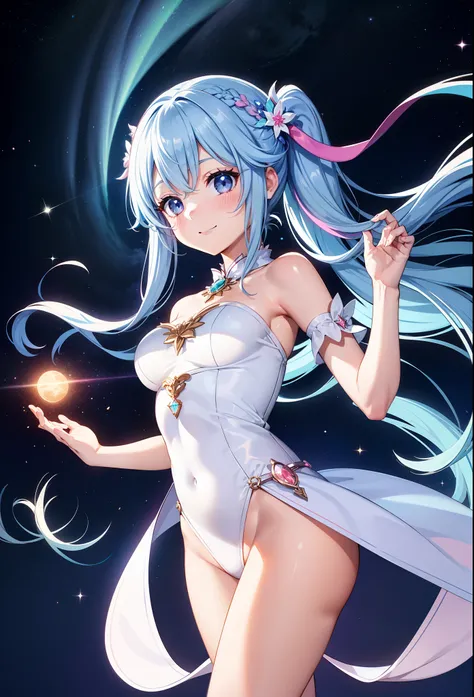 Super Idol　a beauty girl　A charming smile　Looking at the camera　sky blue hair　length hair　Facing straight ahead　Twin-tailed　Sparkling light pink and white leotard outfit　Mystical　Fantasia　constellation　a moon　Crystal Brilliance　Aurora Borealis in the Night...