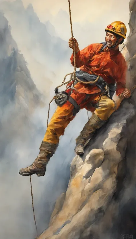 chineseidol，People who carry out rope rescue training，(A group of climbers:1.1),Rescue operations,action sports,climbing,mountain peaks,Cord,challenge,highly,Courage,(Heroic rescue scene:1.2),Emergency Response Team,full body shot of, (Jaw-dropping effect)...