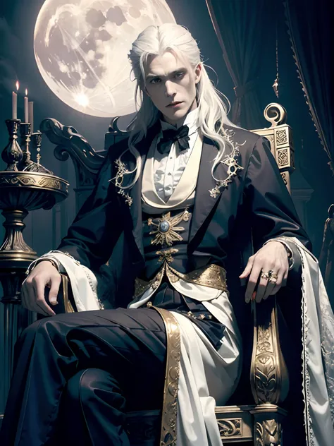 (White-haired male vampire) (victorian dress) (gold accesories) (Sitting on a throne) (moon and gothic castle background) (highly detailed) (evil face) (Gothic castle)