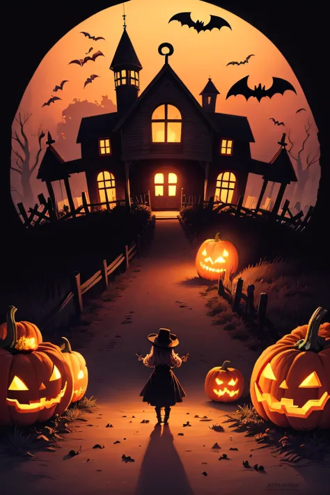 imagine/book illustration, fun, spooky halloween scene with pumpkins and Bats and a barn in the background, cartoon inspired, thick lines, low detail, vivid color.