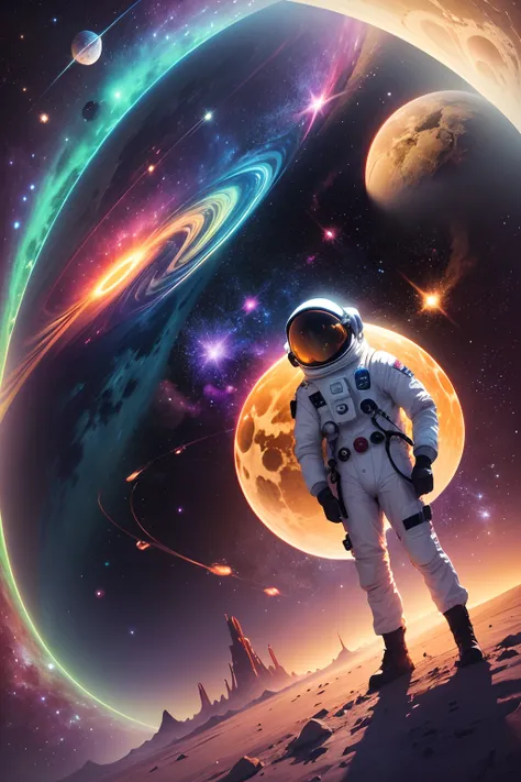 Garoto jovem de 16 anos, cena espacial com close-up de astronautas no planeta, outer space, cosmic space, Viagens espaciais, Viagens espaciais, cosmic space, outerspace, psychedelic illustrations, space colors, cosmic and colorful, sci-fi illustrations, sc...