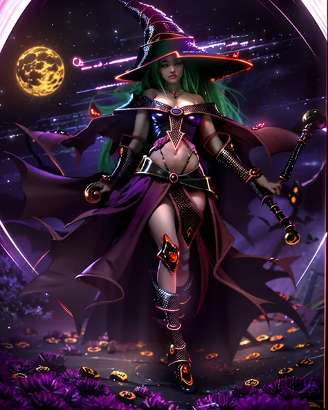 Mago oscuro gils bruja, Create a mesmerizing piece of digital art depicting a mesmerizing woman exuding ethereal beauty under the bewitching glow of a blood moon on Halloween night. Dark magician gils sexy witch version. Escote abierto, piernas visibles, p...