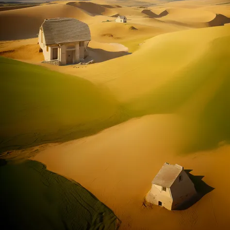 grass field with sand and rocks, two houses