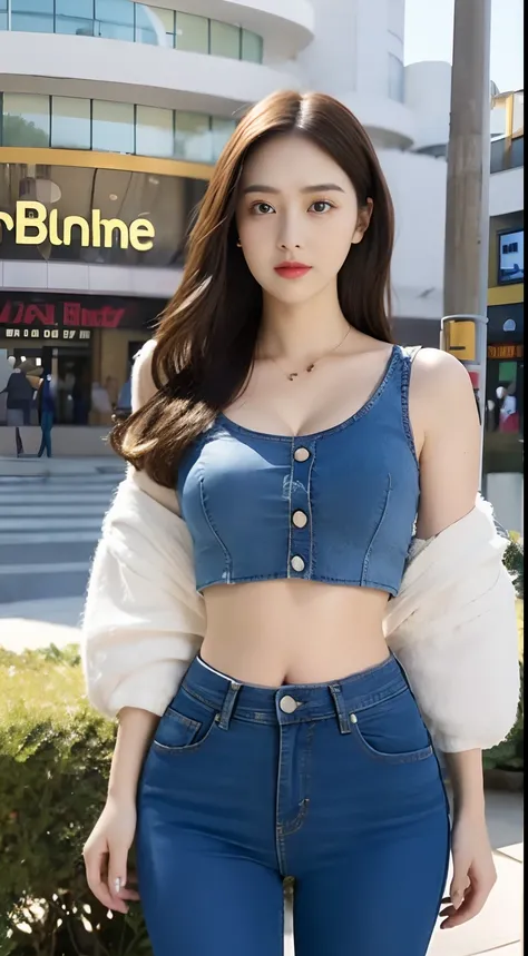 wear tight jeans，Tall guy，tee shirt，Plump buttocks，highly detailed eye，skin textures, Whiten skin，long whitr hair,(with a round face:1.5),(Loose crop top,shorter pants:1.6)The cleavage protrudes, the pleated skirt, the big breasts leak the long legs，((Mall...