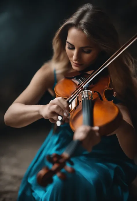 Garoto com cabelos azuis tocando violino corpo inteiro