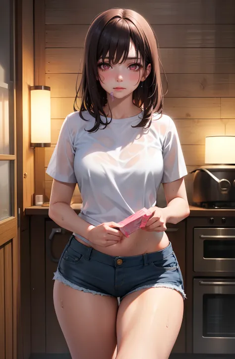 masterpiece, Realistic eyes, Top quality, Bamboo, Closed mouth, Beautiful lighting, Cinematic, 8K, 1girl, Face, Wet face, Liner, Wooden walls, Middle chest, White shirt, Shorts, Wide hips, With condom, Condom on face, Furnace mouse, Pink eyes