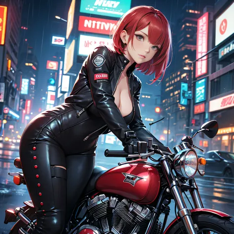 biker girl, motorcycle, Leather one-piece garment, Short hair, Dark colors, Cyberpunk, Neon lights, Red hair, Sexy, tightsuit, Night, the city street, mitts, rain