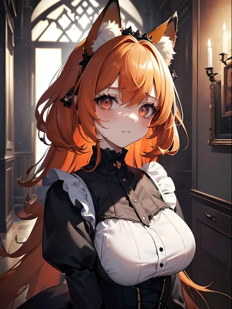 (masterpiece,best quality,ultra-detailed),1girl,fluffy ears,fox ears,orange hair,beautiful and detailed face, detailed eyes,looking at viewer,((grey theme),((depression, sadness, melancholy)),tired expression,diadem,gothic maid uniform,(foreground),in an o...