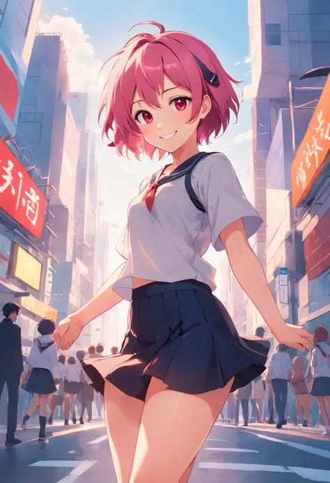 Anime girl smiling, pink hair, messy hair, red eyes, cute face, girlfriend look, white top, black short skirt, sensual pose, full body, short stature, schoolgirl clothes