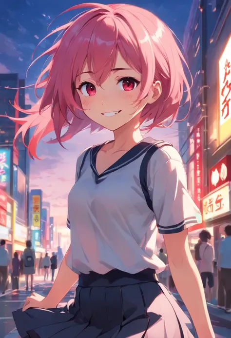 Anime girl smiling, pink hair, messy hair, red eyes, cute face, girlfriend look, white top, black short skirt, sensual pose, full body, short stature, schoolgirl clothes