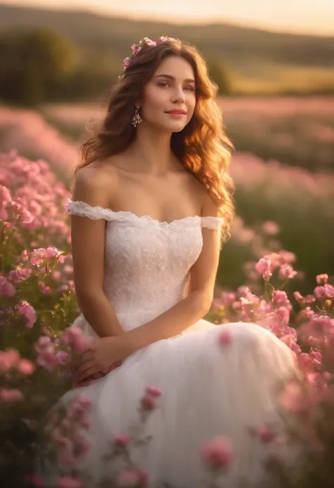 Best quality, masterpiece, ultra high resolution (photorealistic: 1.4), raw photo, 1 girl, white dress, bare shoulders, field of pink flowers in bloom, glowing skin, slight smile