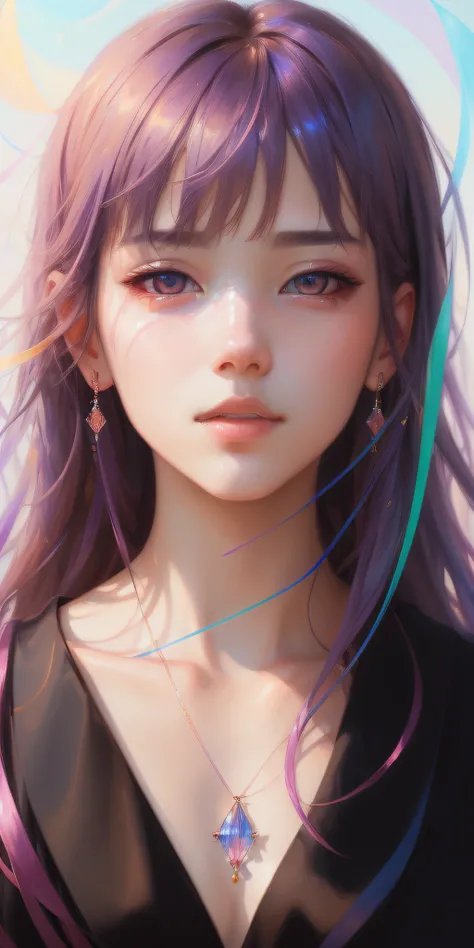 WLOP, floating female figure made of ribbons, smoke, in the sky, colorful and vibrant, mystical colors, contemporary impressionism, yanjun cheng portrait painting, iridescent painting, 3/4 perspective view, cute face, low angle, sweeping circling compositi...