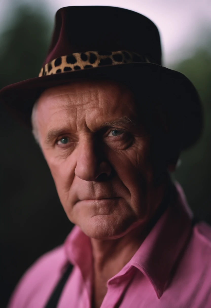 Retrato de um pai que lembra anthony hopkins, de chapeu de leopardo, camiseta do megadeth, sentado em um fusca rosa