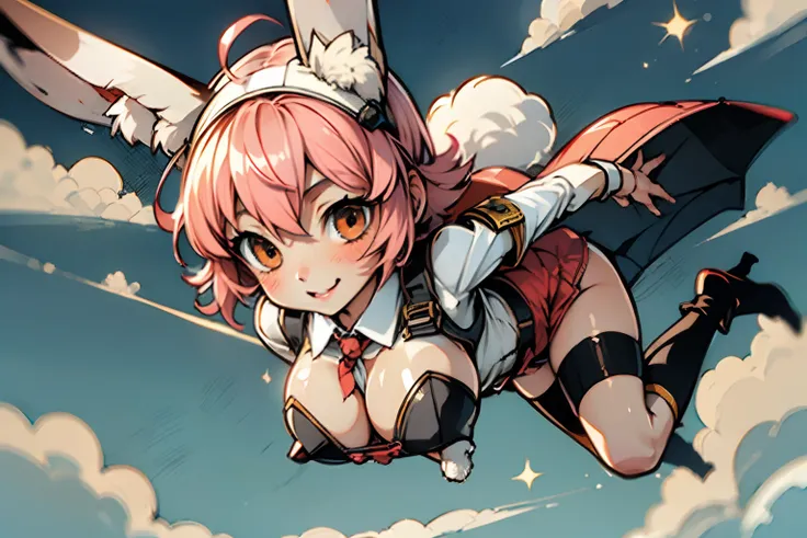 a sticker、​masterpiece、top-quality、hight resolution、8K、3d anime、full body Esbian、1 rabbit girl、((Big ears in rabbits))、soldier、Black special forces clothes、Parachute troops、short-hair、A pink-haired、Colossal tits、cleavage of the breast、Jump from an empty he...