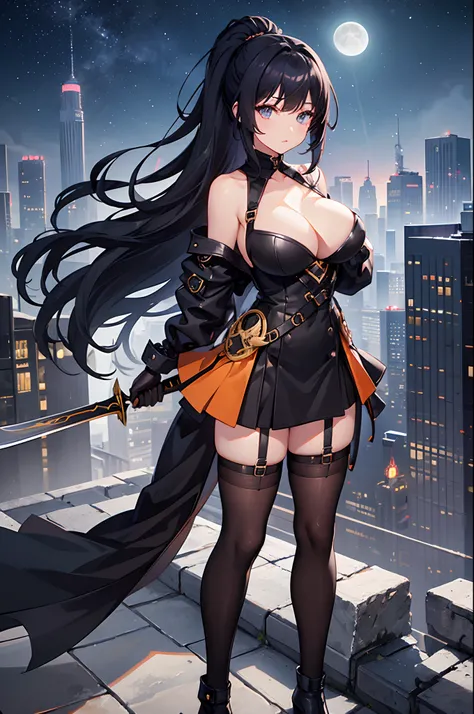 1girl, bangs, black footwear, black gloves, black hair, black jacket,Orange eyes， boots, breasts, brown legwear, building, castle, city, city lights, cityscape, cleavage, collarbone, constellation, east asian architecture, fireworks, full moon, gloves, hol...