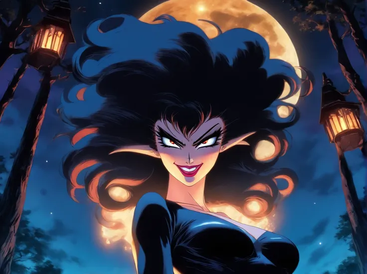 Elvira, Mistress of the Dark. ((beautiful)), ((highly detailed)), (slender body),(((Large bust))), enormous breast, large nipple visible, high hair, psychotic smile, 20 years of age, full body, wearing a solid long black dress open at the top and slit down...