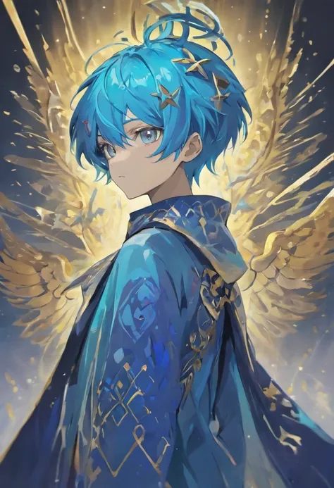 A beautiful alien prince whos color palette is mostly blue with blue skin, slightly darker blue hair, and light blue antennae on his head, and mostly blue clothes with a hint of lavender and other light purples. He must have light blue skin. He must be tal...