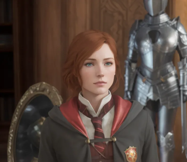 digital painting, artwork, masterpiece, solo, highly detailed, ultra high res, (best quality), (best shadow), there is a woman, a suit of armor behind, portrait female, female character, female protagonist, hogwarts legacy, ginger hair, green eyes, charact...