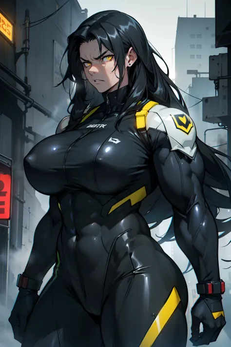 ((((1 girl, muscular)))), (thick thighs, huge breasts, very long hair), black hair, yellow eyes, solo, sweaty, shiny skin, steamy, foggy, angry, (three-piece suit), (dark atmosphere), pale skin