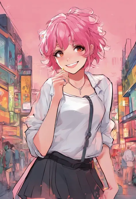 Anime girl smiling, pink hair, messy hair, short hair, red eyes, cute face, girlfriend look, white top, black short skirt, sensual pose, short stature