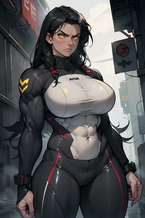 ((((1 girl, muscular)))), (thick thighs, huge breasts, very long hair), black hair, yellow eyes, solo, sweaty, shiny skin, steamy, foggy, angry, (three-piece suit), (dark atmosphere), pale skin