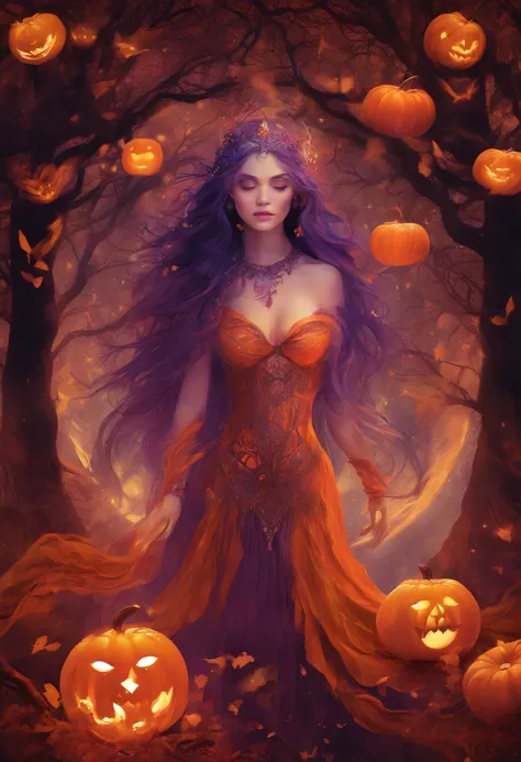 "(best quality, highres, ultra-detailed), The goddess casting mystical glowing spells in a haunted forest, orange and purple hues, portraits, vivid colors, extreme detail description, sharp focus, physically-based rendering, studio lighting, horror, witch,...