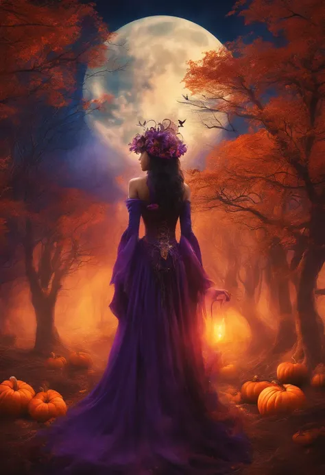 "(best quality, highres, ultra-detailed), The goddess of Halloween casting mystical glowing spells in a haunted forest, orange and purple hues, portraits, vivid colors, extreme detail description, sharp focus, physically-based rendering, studio lighting, h...