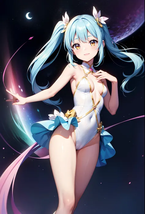 Chibichara　a beauty girl　A charming smile　sky blue hair　length hair　Looking at the camera　Facing straight ahead　Twin-tailed　Glittering white and pink and yellow and blue leotard costume　Mystical　Fantasia　constellation　a moon　Crystal Brilliance　Aurora Borea...