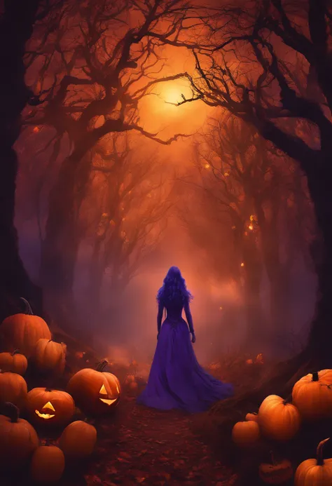 "(best quality, highres, ultra-detailed), The goddess of Halloween casting mystical glowing spells in a haunted forest, orange and purple hues, portraits, vivid colors, extreme detail description, sharp focus, physically-based rendering, studio lighting, h...