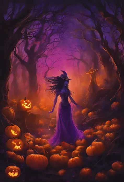 "(best quality, highres, ultra-detailed), The goddess of Halloween casting mystical glowing spells in a haunted forest, orange and purple hues, portraits, vivid colors, extreme detail description, sharp focus, physically-based rendering, studio lighting, h...