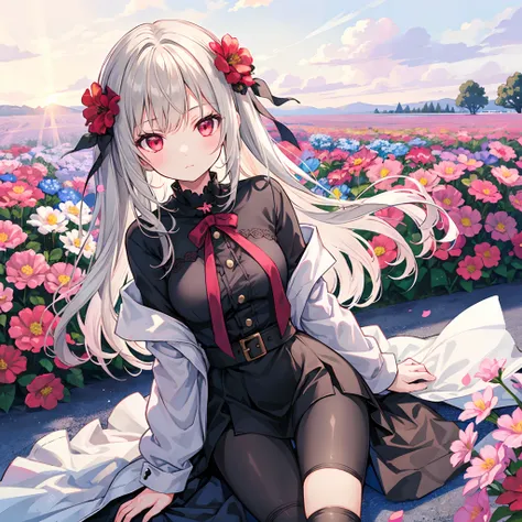 Girl with gray hair and red eyes、Blonde and red-eyed girl、Fluffy clothes、Black tights、Sunlight、flower  field、