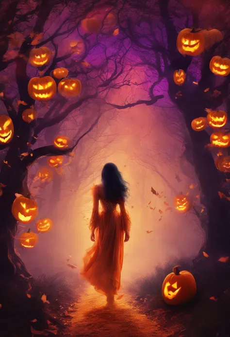 "(best quality, highres, ultra-detailed), The goddess of Halloween casting mystical glowing spells in a haunted forest, orange and purple hues, portraits, vivid colors, extreme detail description, sharp focus, physically-based rendering, studio lighting, h...