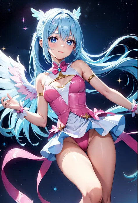 Super Idol　a beauty girl　A charming smile　sky blue hair　length hair　Twin-tailed　Glittery bright pink and white and blue and yellow leotards　facing front　7 colors of angel great wings on the back　Mystical　Fantasia　constellation　a moon　Crystal Brilliance　Aur...