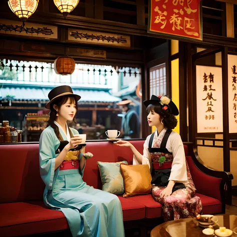 Taisho Era、Shangri-La、Beautuful Women、Kimono、pinafore、bobhair、perm、tea shop、black tea、The upper part of the body、sofas、Hats