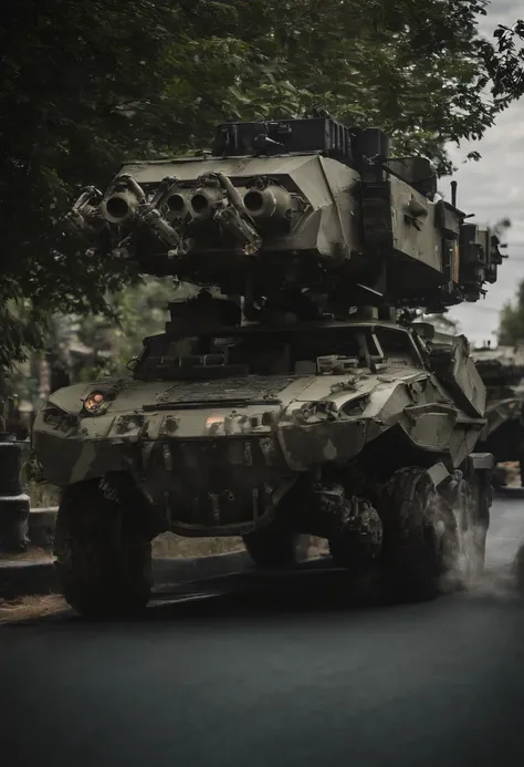 Futuristic eight-wheeled combat vehicle with urban camouflage in a war zone