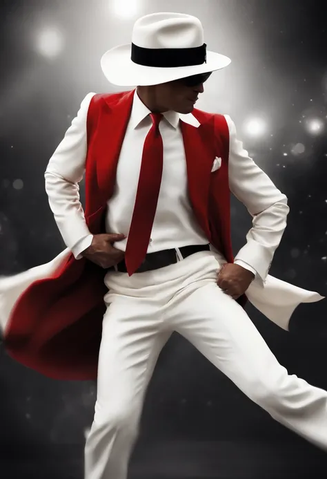 Theres a man in a white suit and red tie walking, white suit and hat, Imagem absolutamente excepcional, michael jackson moon dance, divindade elegante, Fanart, terno branco, vestindo terno branco, he is dancing, stylized digital illustration, design de per...