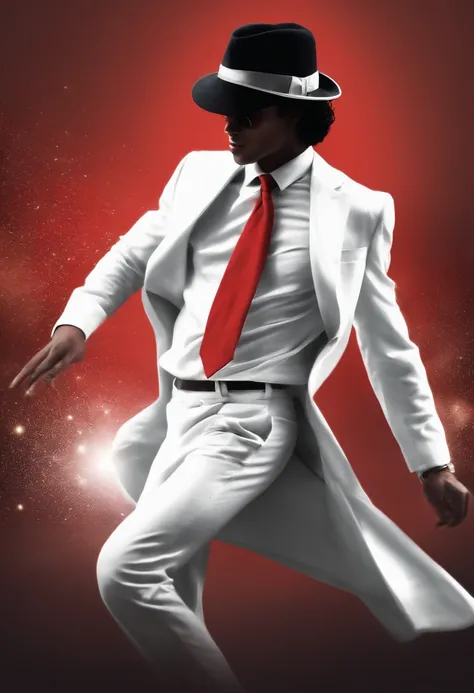 Theres a man in a white suit and red tie walking, white suit and hat, Imagem absolutamente excepcional, michael jackson moon dance, divindade elegante, Fanart, terno branco, vestindo terno branco, he is dancing, stylized digital illustration, design de per...