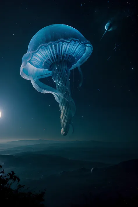 magestic perfection, fantasy photograph, (blue moon as a massive jellyfish), astronomical beautiful, moonlight shining, galaxies and asteroids in the background