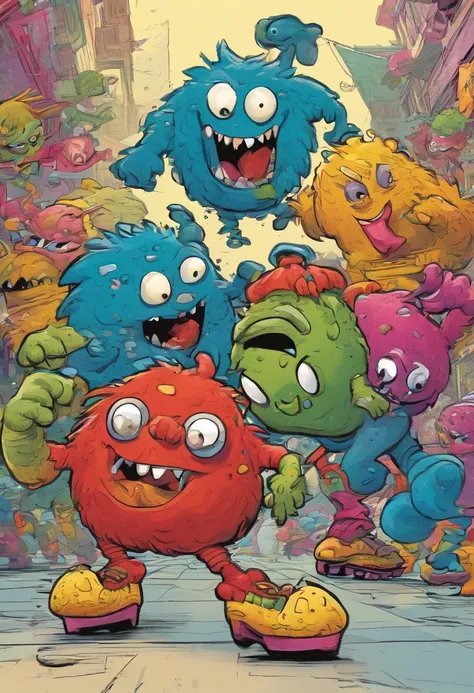 Monsters dancing on rollerskates