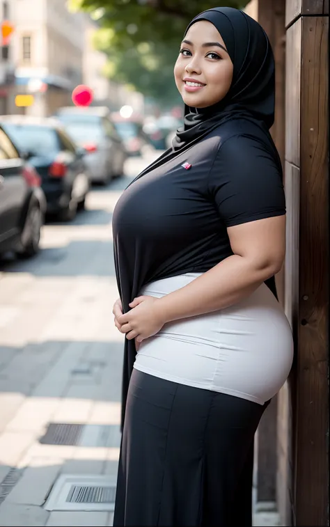 ....RAW, Best quality, High resolution, Masterpiece: 1.3), Beautiful chubby Malay woman in hijab,porter une mini jupe, culotte apparente, Corps slim fit parfait, se retourne pour montrer son gros cul, (gros seins), De grands yeux magnifiques, Doux sourire,...