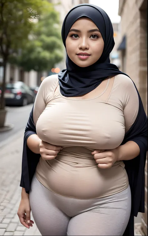 ....RAW, Best quality, High resolution, Masterpiece: 1.3), Beautiful chubby Malay woman in hijab,porter une mini jupe, culotte apparente, Corps slim fit parfait, se retourne pour montrer son gros cul, (gros seins), De grands yeux magnifiques, Doux sourire,...