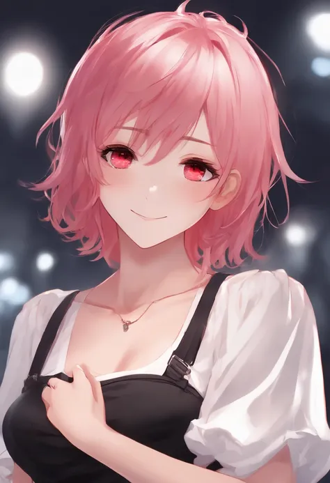 Anime girl smiling, pink hair, messy hair, short hair, red eyes, cute face, girlfriend look, white top, black short skirt, sensual pose, short stature