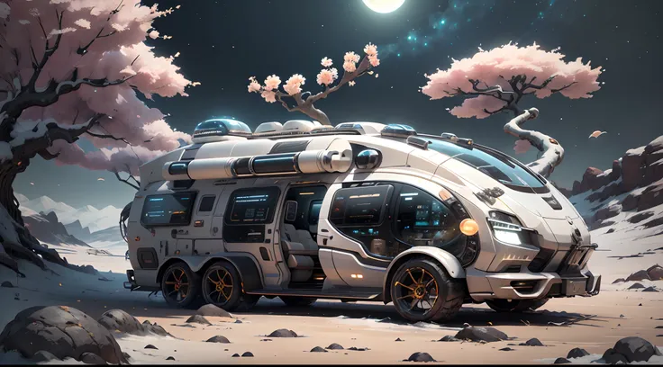 A futuristic luxury(LunarPunkAI:Campervan),Colorful LED lights,Smooth curves,(streamlined line design)。cozily, camping, Reflection,(Surrounded by nature),(Peach blossom tree),(lush landscape)。concept-art, best qualtiy，tmasterpiece，超高分辨率，photograph realisti...