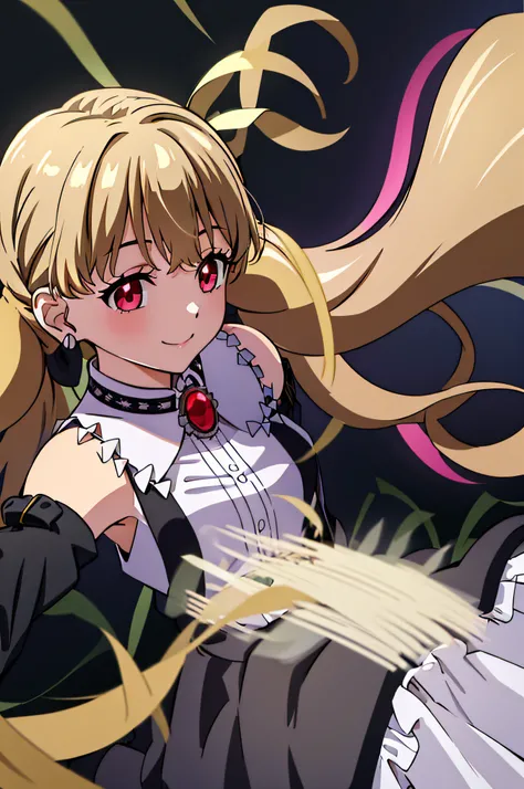 AATOTO, LONG HAIR, LOW TWINTAILS, HAIR RIBBON, BLACK RIBBON, EARRINGS, BROOCH, BARE SHOULDERS, FRILLS, WHITE SHIRT, DETACHED SLEEVES, SUSPENDERS, BLACK SKIRT, 1girl, solo, upper body, facing viewer, looking at viewer, smile.