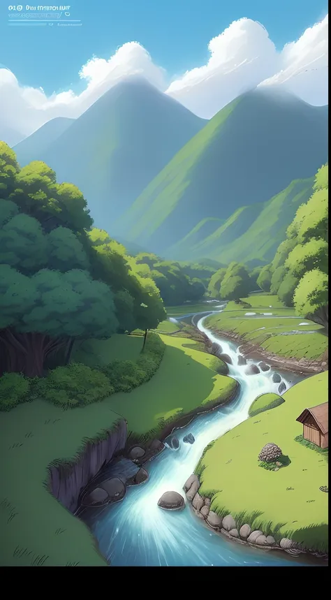 Draw a small hut with a stream flowing in a green valley, anime country landscapes, Detailed landscape - width 672, Anime landscapes, studio ghibli landscape, anime landscape wallpapers, made of tree and fantasy valley, beautiful anime landscape, detailed ...