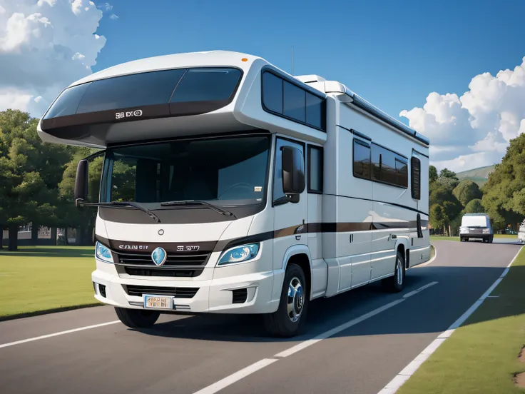 A huge double-decker motorhome，Campervan，RV with terrace，Wide-angle appearance，Front perspective, Very futuristic, 3/4 Front view, Majestic and futuristic, 3/4 view from below, Vehicle design trends，4K Ultra HD, 超高分辨率, (Photorealistic: 1.4), Best quality，M...