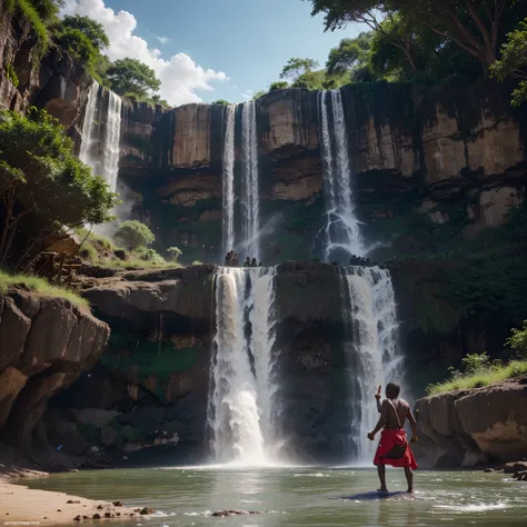 Elephant at a lake using its trunk to pour water on happy  african masai children, waterfall and beautiful vegetation in the background, cinematic lighting, artgerm style, bright and vibrant colours, ultra HD, unreal engine rendered,